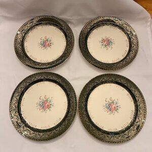 Taylor Smith 10” Dinner Plates Dark Green Floral Middle 22k gold trim